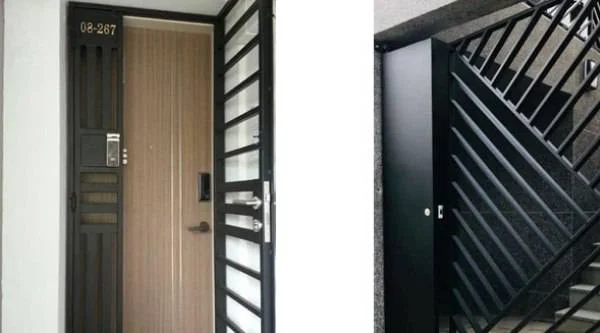 حفاظ لولایی ساخته شده از پروفیل درب مشکی نصب شده بر روی درب آپارتمان